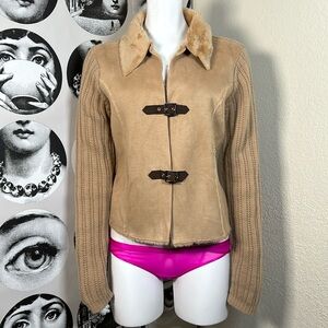 Forenza Vintage 90s Y2k Camel Tan Knit & Faux Suede/Fur Cardigan, Sz L